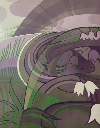 Hiding girl and a purple bush