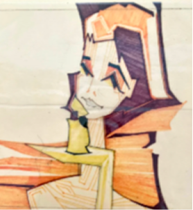 Ink drawing of imagined female figures in various gestures and colleagues made by combinations of pits of papers cut from magazines