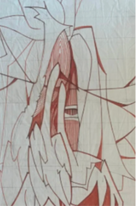 Ink drawing of imagined female figures in various gestures and colleagues made by combinations of pits of papers cut from magazines