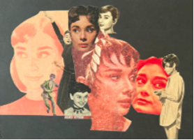 Ink drawing of imagined female figures in various gestures and colleagues made by combinations of pits of papers cut from magazines