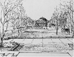 Sketches of urban views of University of Illinois at Urbana Champaign campus & the city of Philadelphia