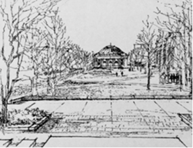 Sketches of urban views of University of Illinois at Urbana Champaign campus & the city of Philadelphia