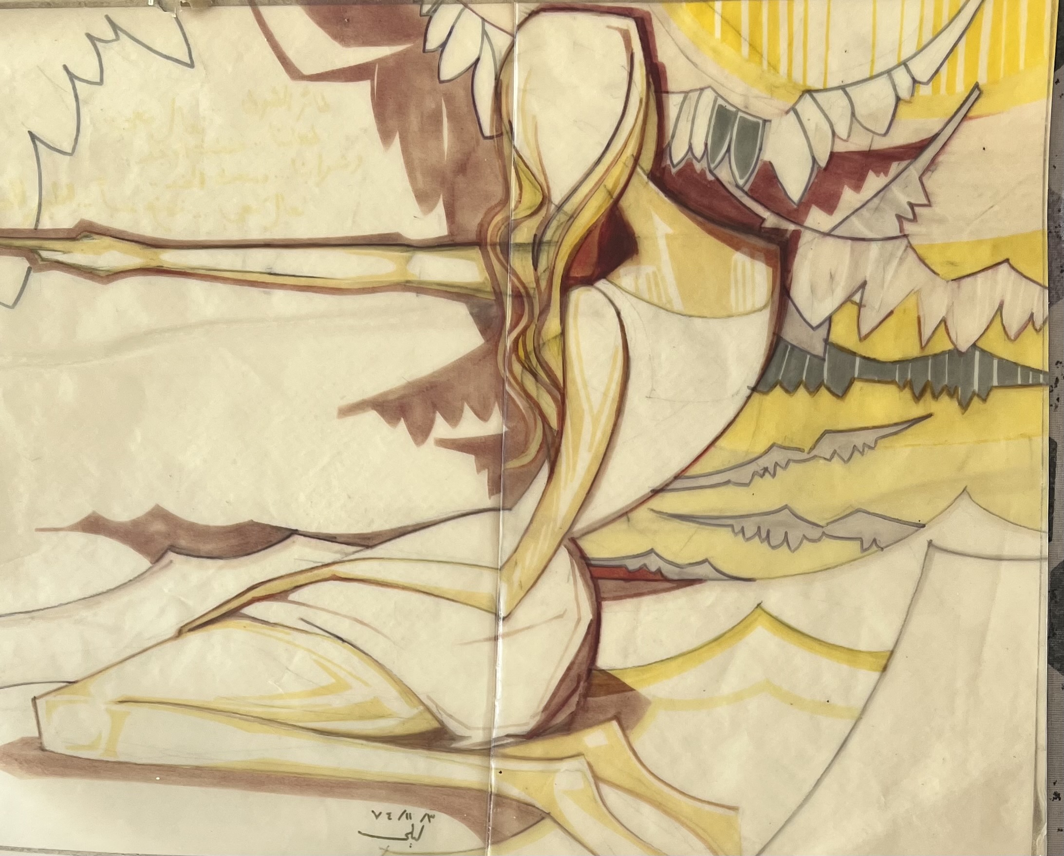 Ink drawing of imagined female figures in various gestures & collages made by combinations of pits of papers cut from magazines