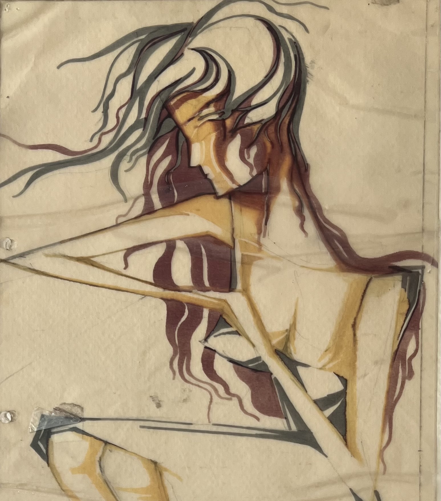 Ink drawing of imagined female figures in various gestures & collages made by combinations of pits of papers cut from magazines