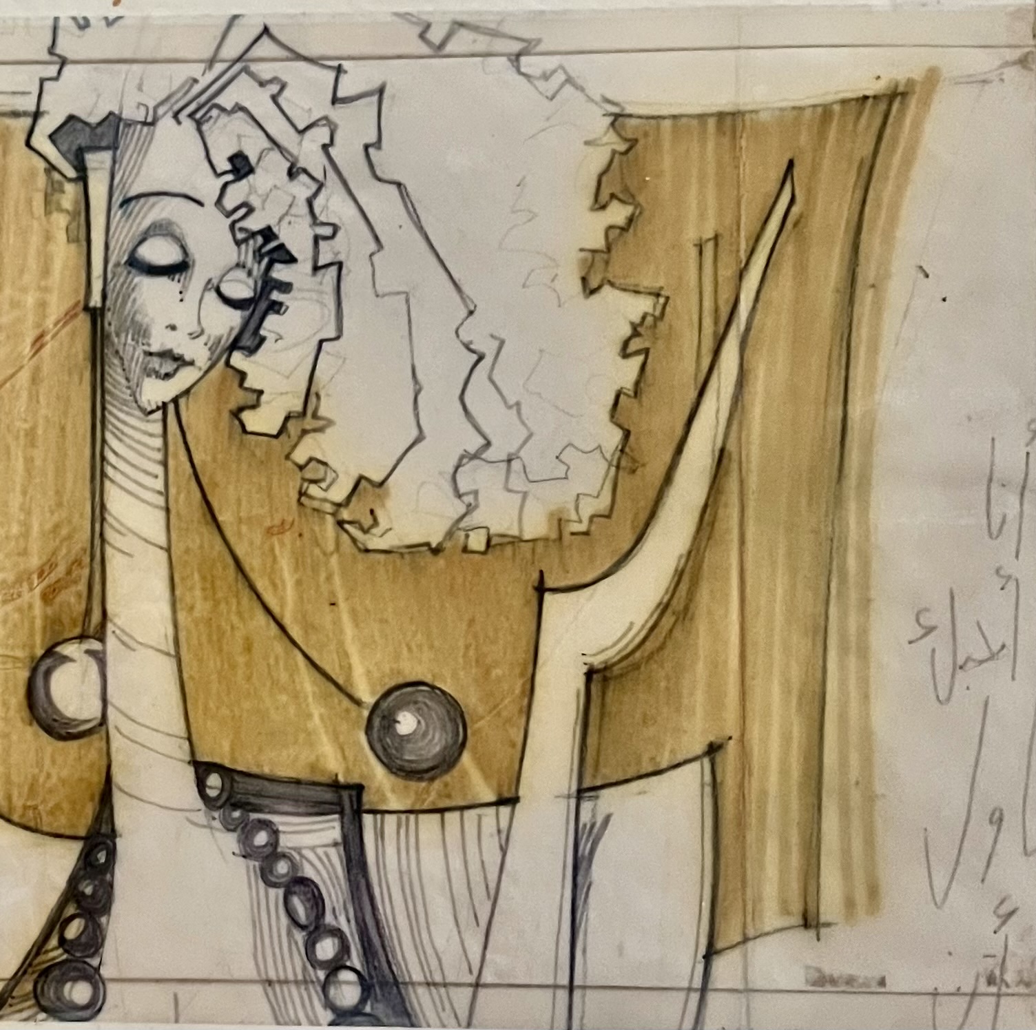 Ink drawing of imagined female figures in various gestures & collages made by combinations of pits of papers cut from magazines