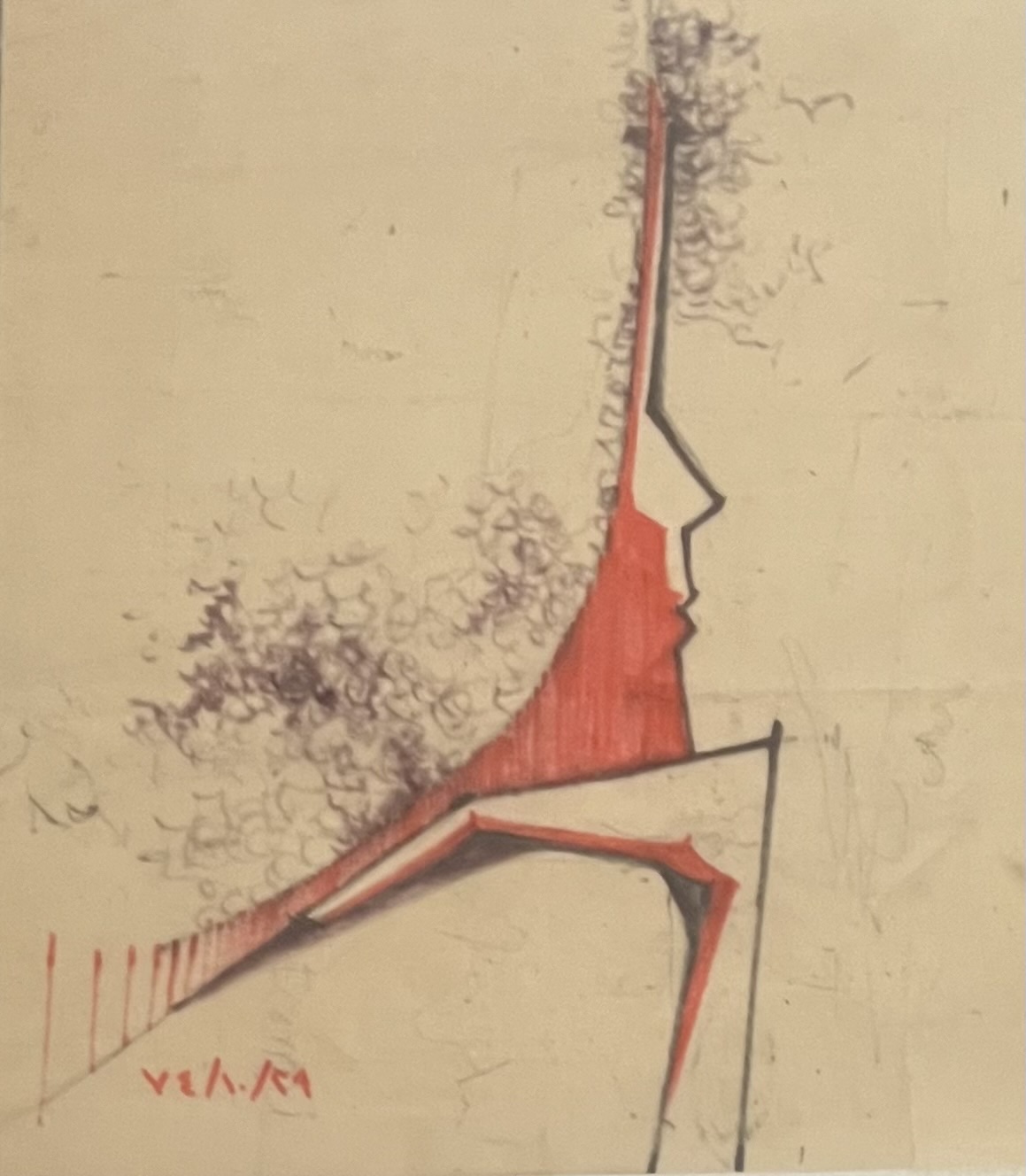 Ink drawing of imagined female figures in various gestures & collages made by combinations of pits of papers cut from magazines