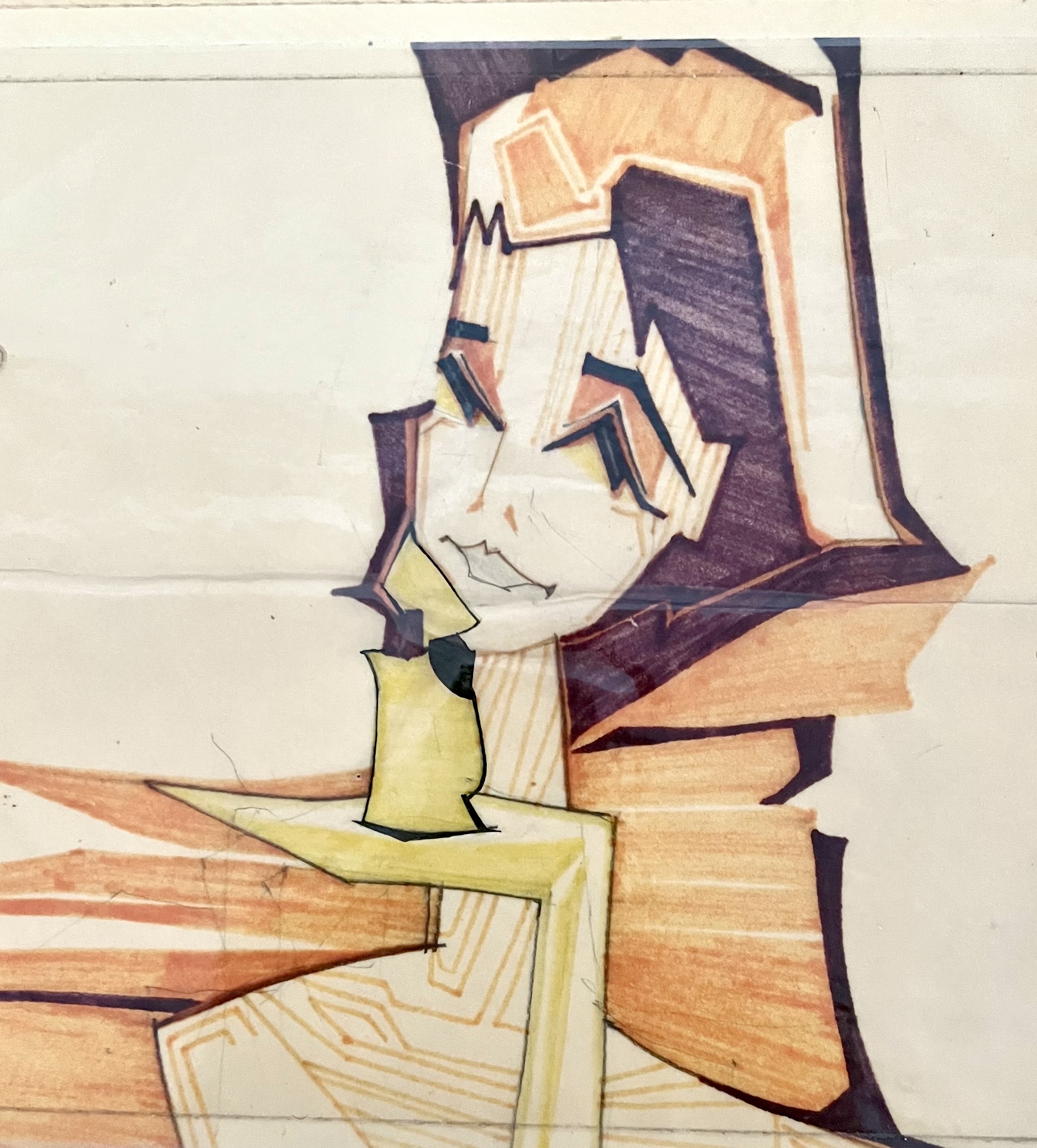 Ink drawing of imagined female figures in various gestures & collages made by combinations of pits of papers cut from magazines