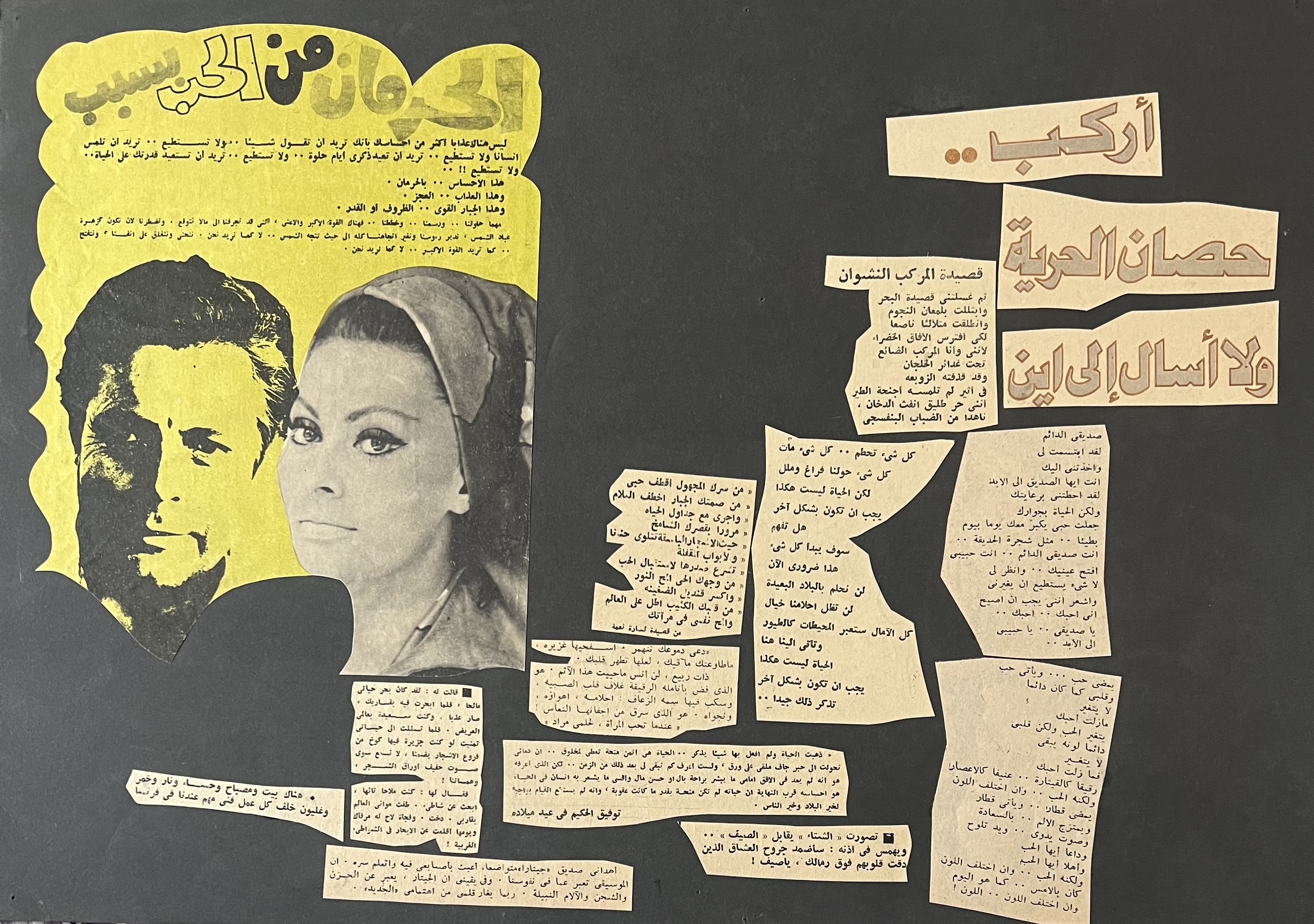 Ink drawing of imagined female figures in various gestures & collages made by combinations of pits of papers cut from magazines