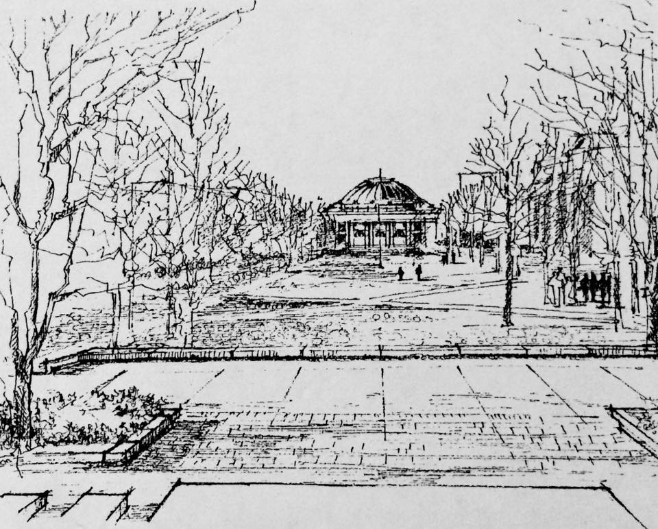Ink sketches of urban views of University of Illinios at Urbana Champaign campus