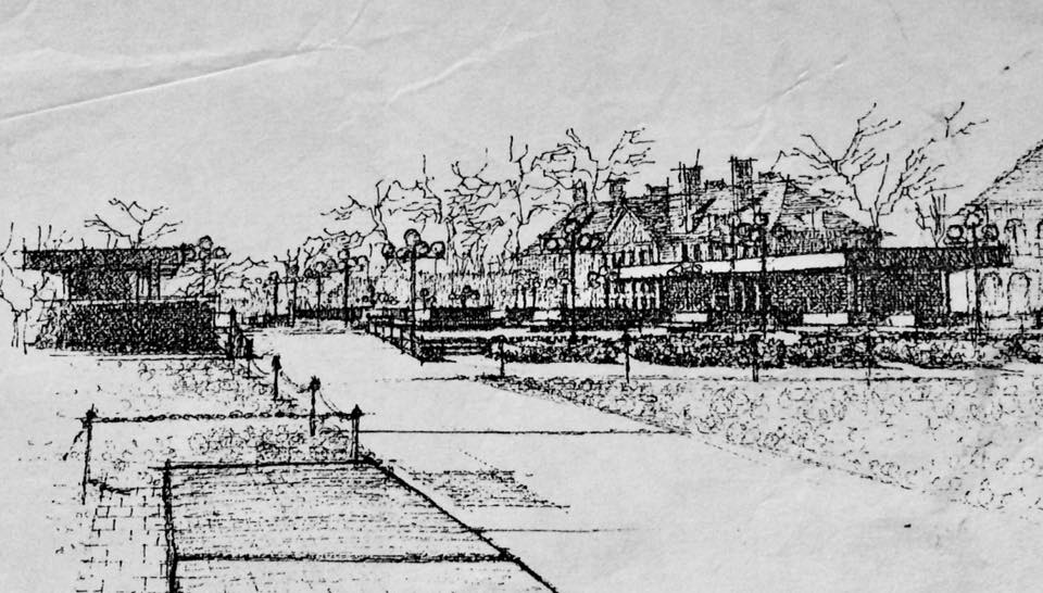 Ink sketches of urban views of University of Illinios at Urbana Champaign campus