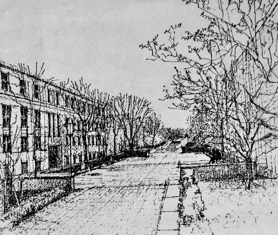 Ink sketches of urban views of University of Illinios at Urbana Champaign campus