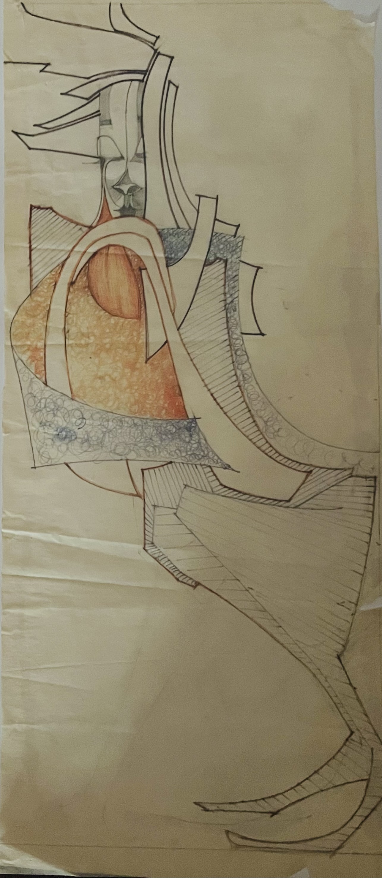 Ink drawing of imagined female figures in various gestures & collages made by combinations of pits of papers cut from magazines