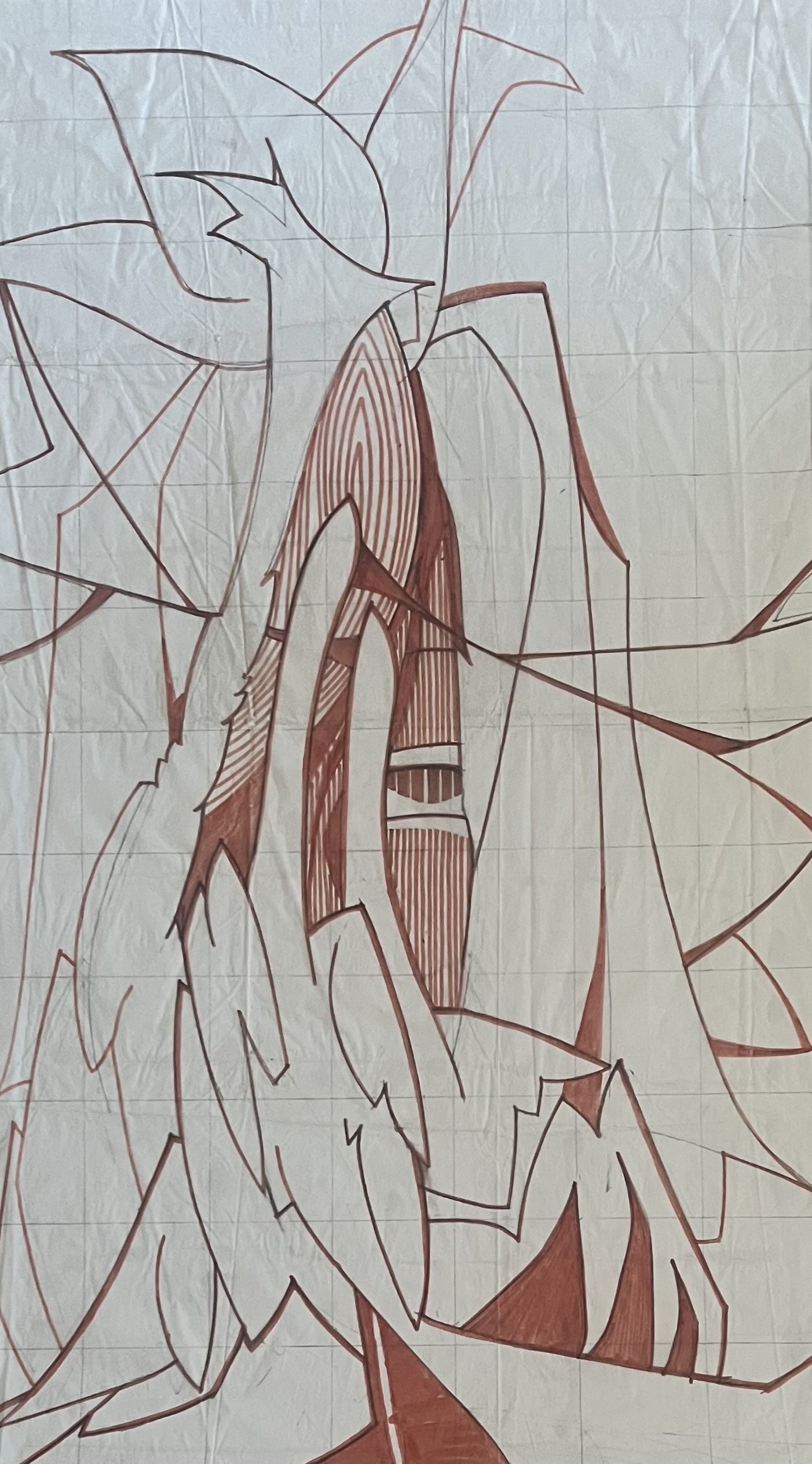 Ink drawing of imagined female figures in various gestures & collages made by combinations of pits of papers cut from magazines