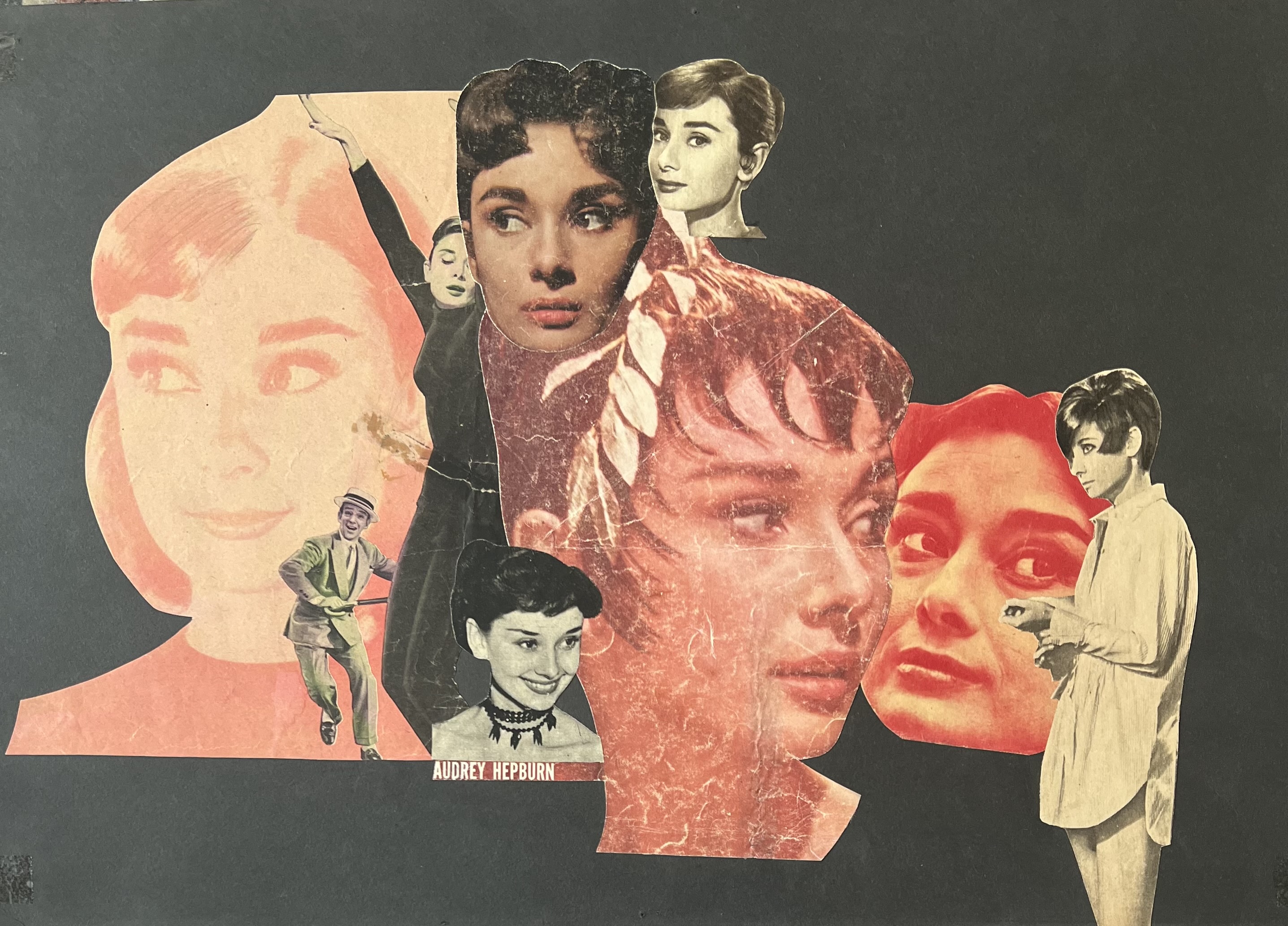 Ink drawing of imagined female figures in various gestures & collages made by combinations of pits of papers cut from magazines